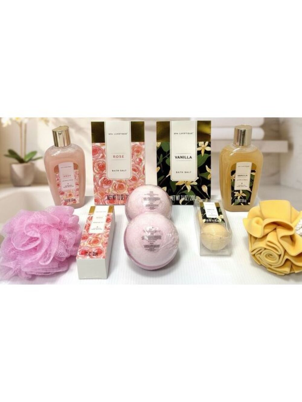 Spa Luxetique Gift Set Rose Vanilla Bath Bombs Bubble Bath Massage Oil, New